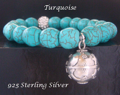 Harmony Ball Bracelet, Turquoise Beads, 925 Silver Harmony Ball - Click Image to Close